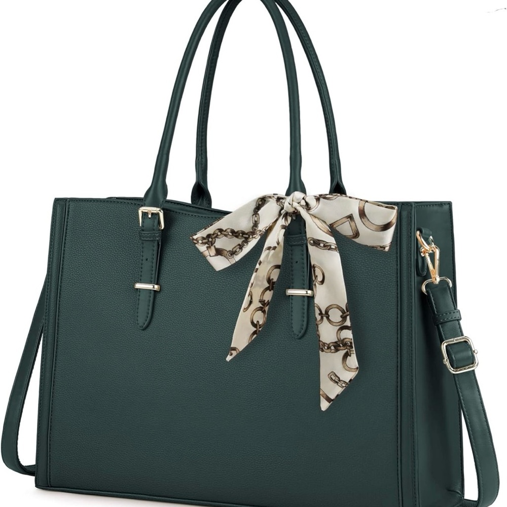 Chic Green Laptop Tote with Scarf Detail
